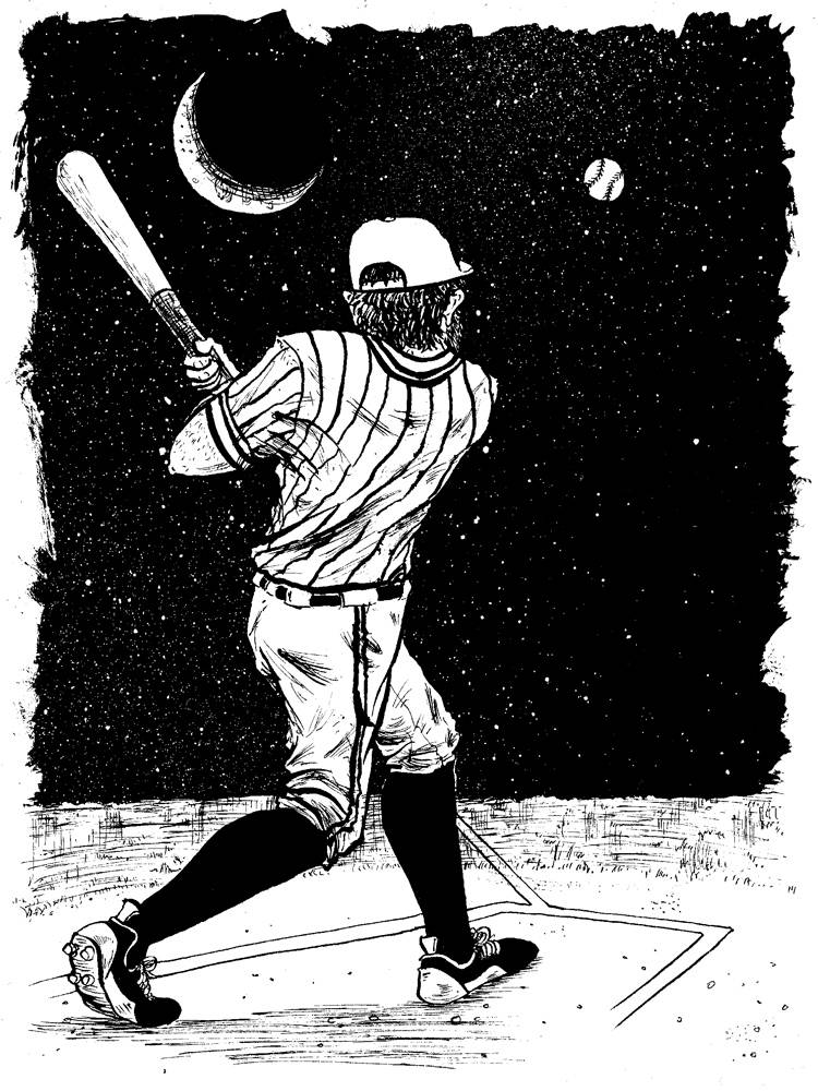 Baseball player batting the ball into space