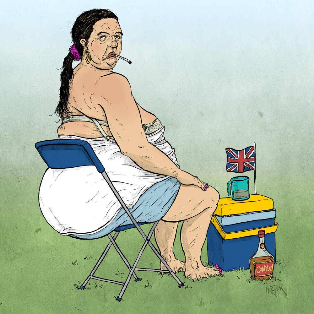 Caricature of a larger British woman smoking and drinking