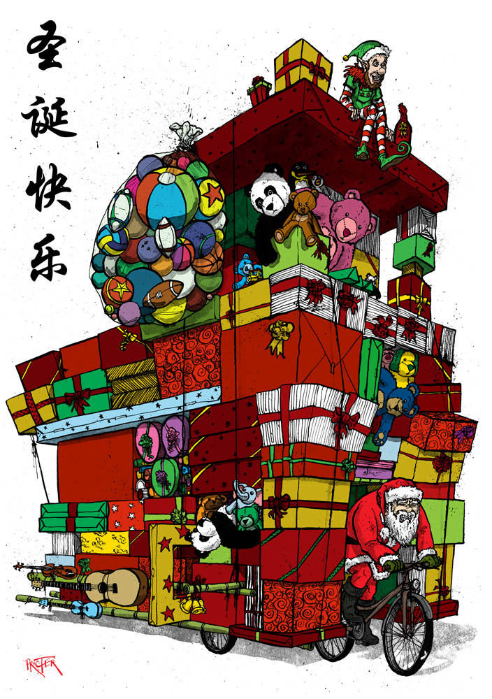 Santa riding a Chinese trike cart stacked with presents