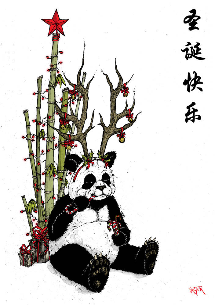 A panda eating candy canes with a bamboo Christmas tree