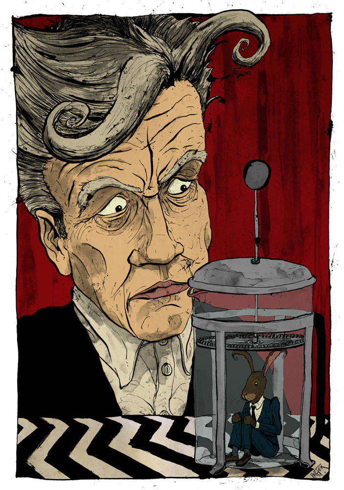 David Lynch caricature with a rabbit in a coffee cafetiere
