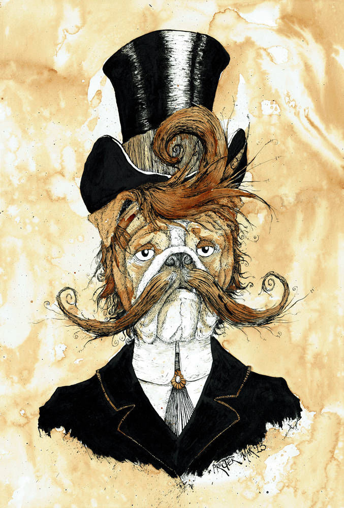 English Bulldog dressed in Victorian style with a top hat and handlebar mustache