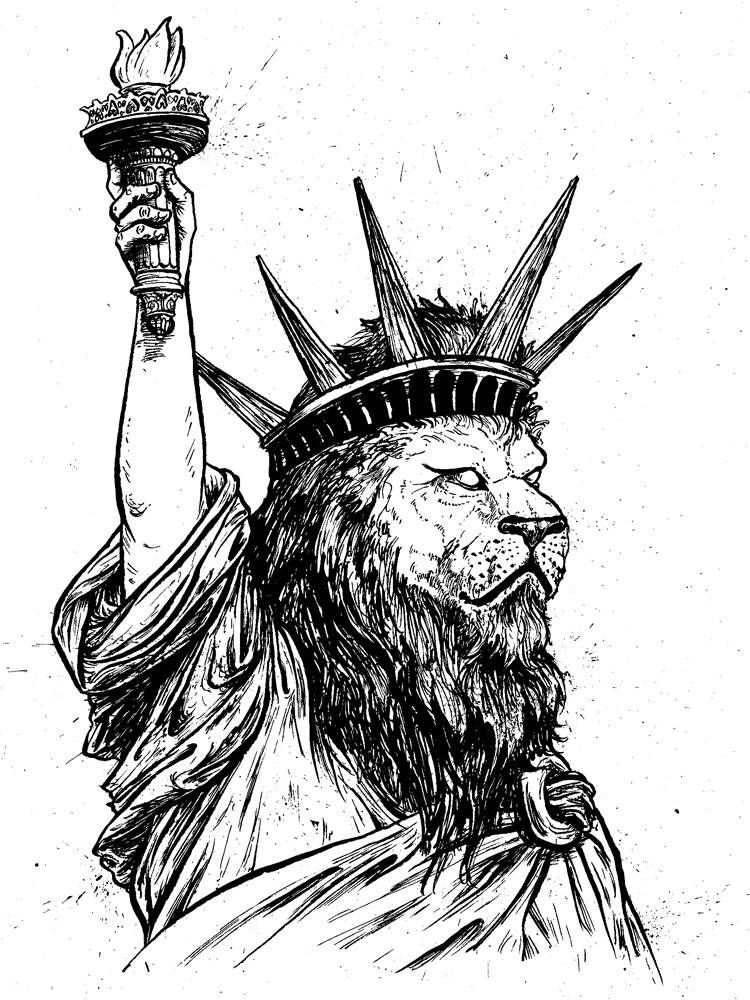 The statue of liberty with a lions head