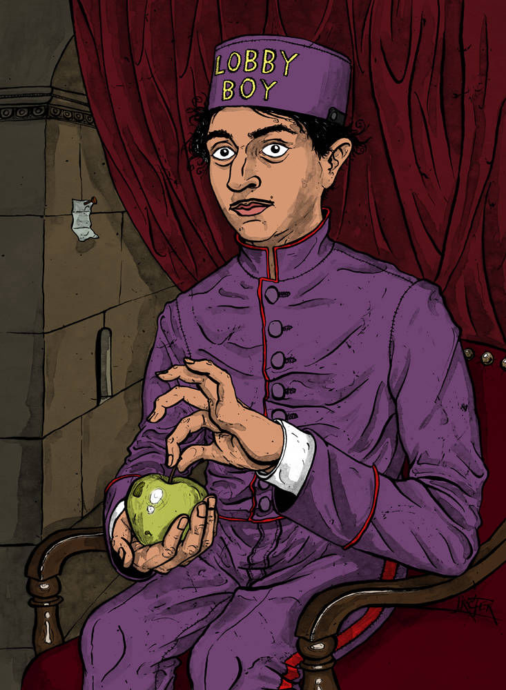 Lobby Boy with Apple parody from the Grand Budapest Hotel