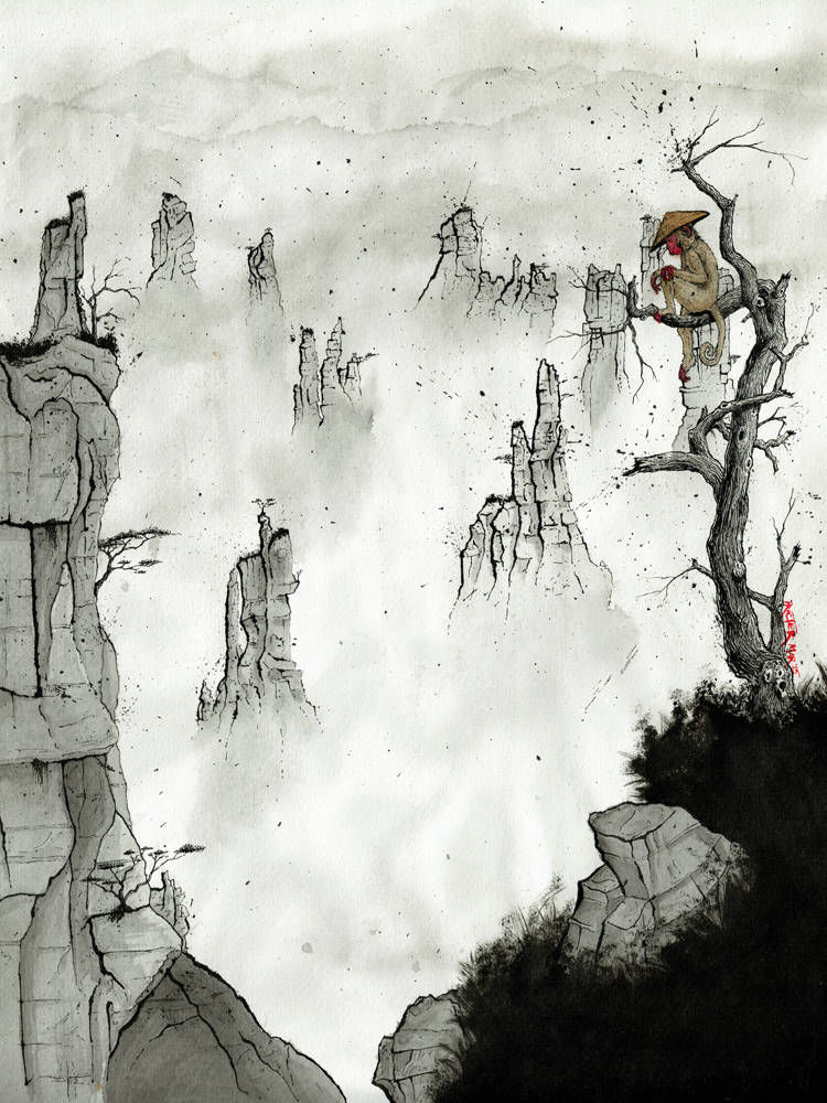 Chinese Macaque Monkey wearing a conical hat in the mountains of Zhangjiajie ink painting