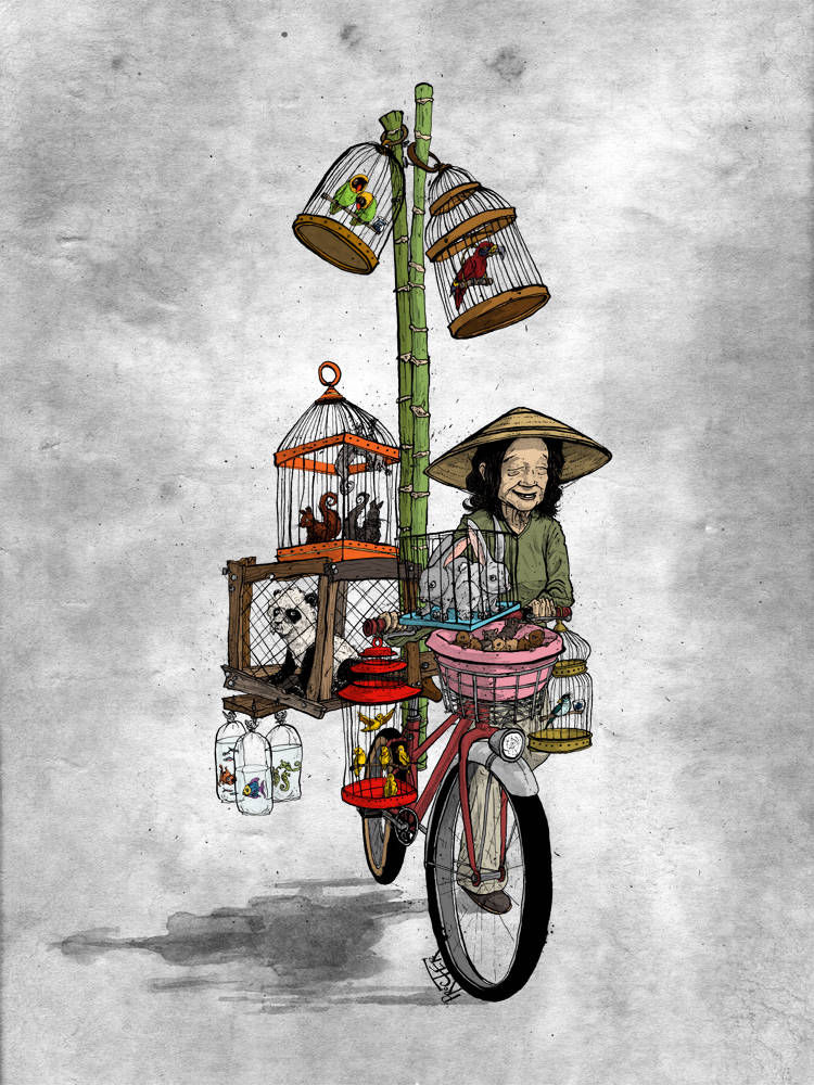 Pet store on a bicycle as seen in China