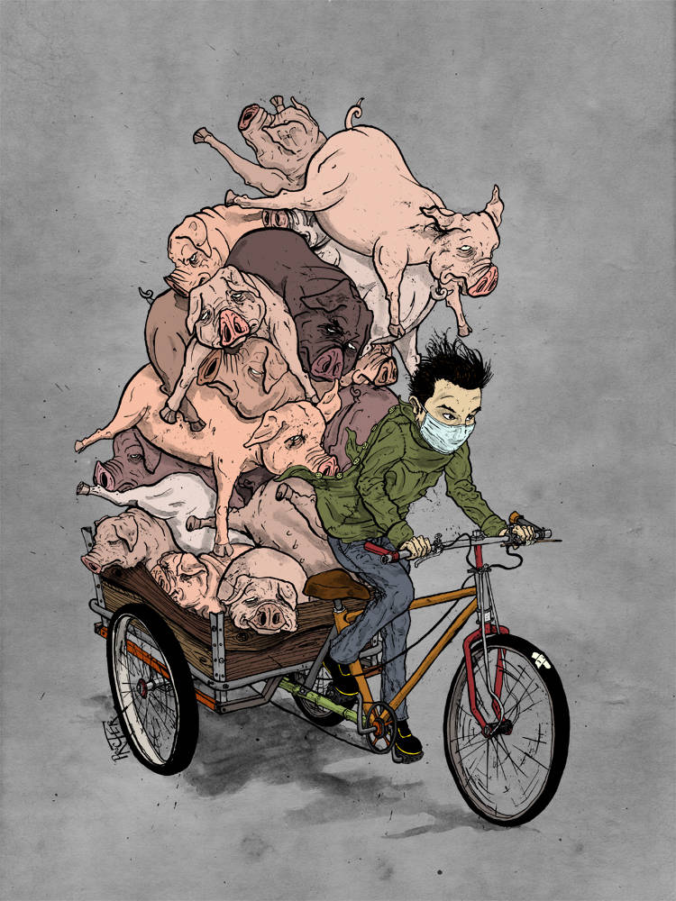 A trike cart piled high with dead pigs as seen in China