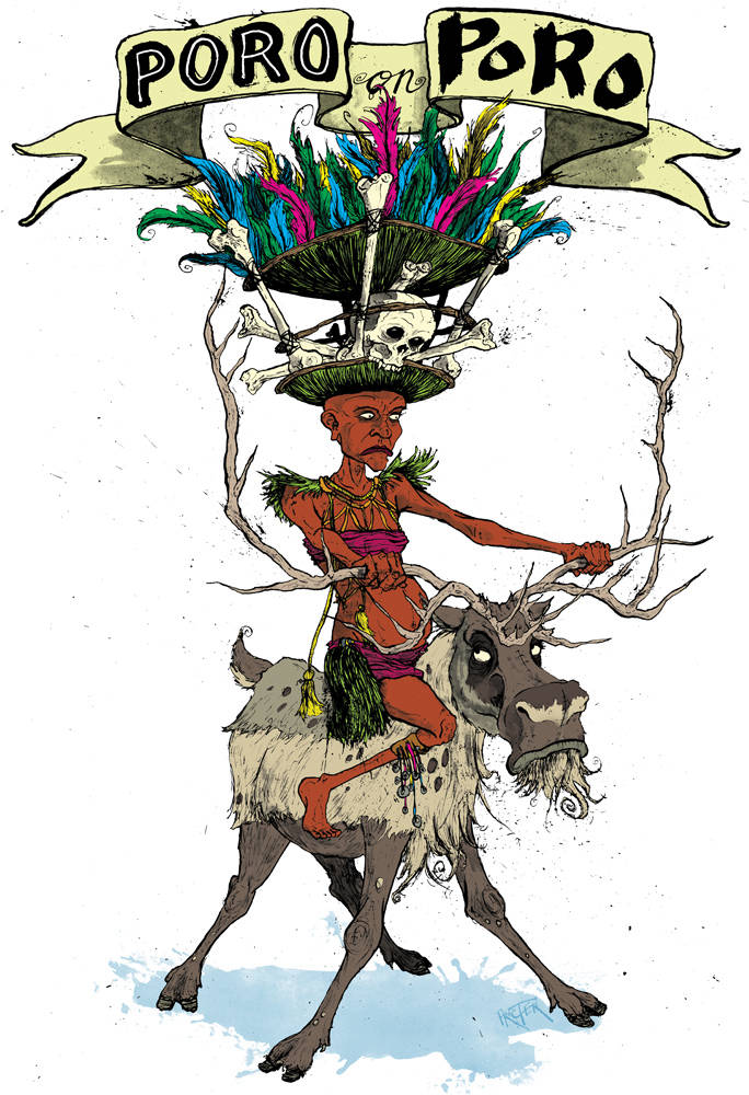 A member of the Poro tribe from Sierra Leone riding a poro, the Finnish word for reindeer