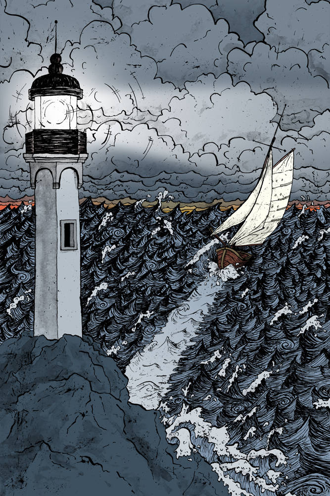 Book cover with a lighthouse and a boat lost at sea