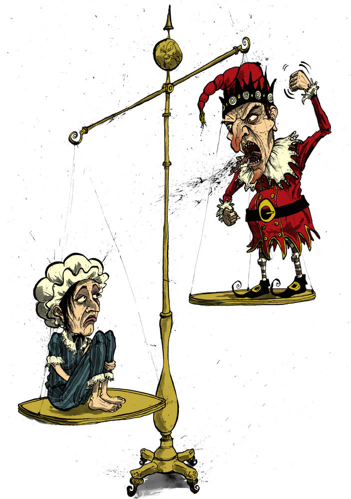 Illustration showing imbalance in domestic violence with Punch and Judy