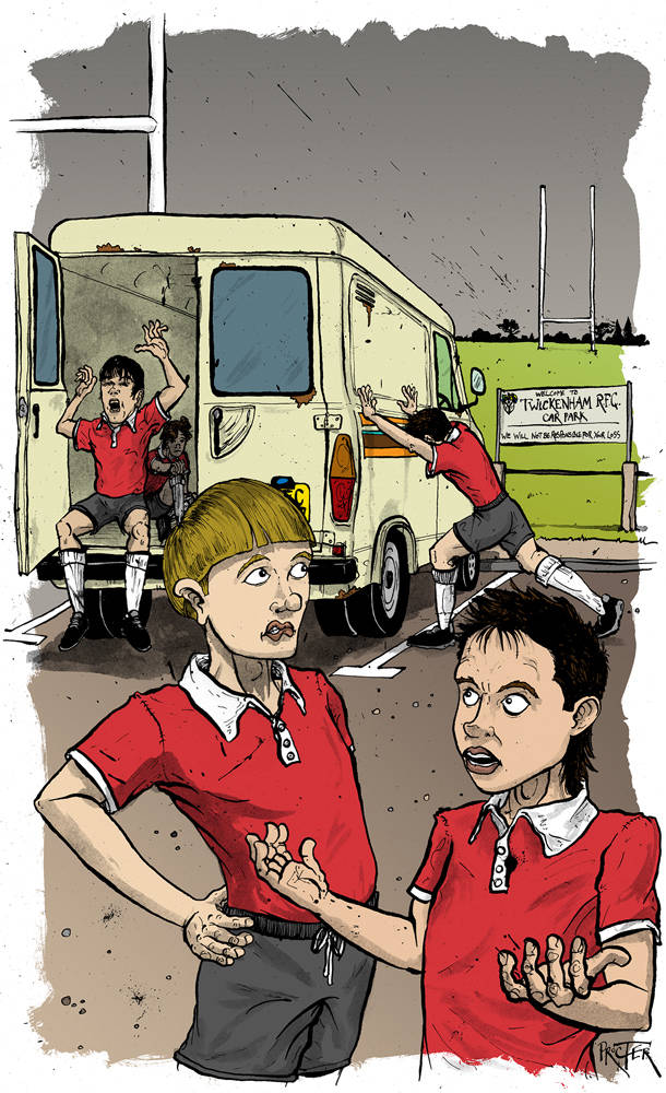 1980's kids arrive at Twickenham RFC in Ford Transit van