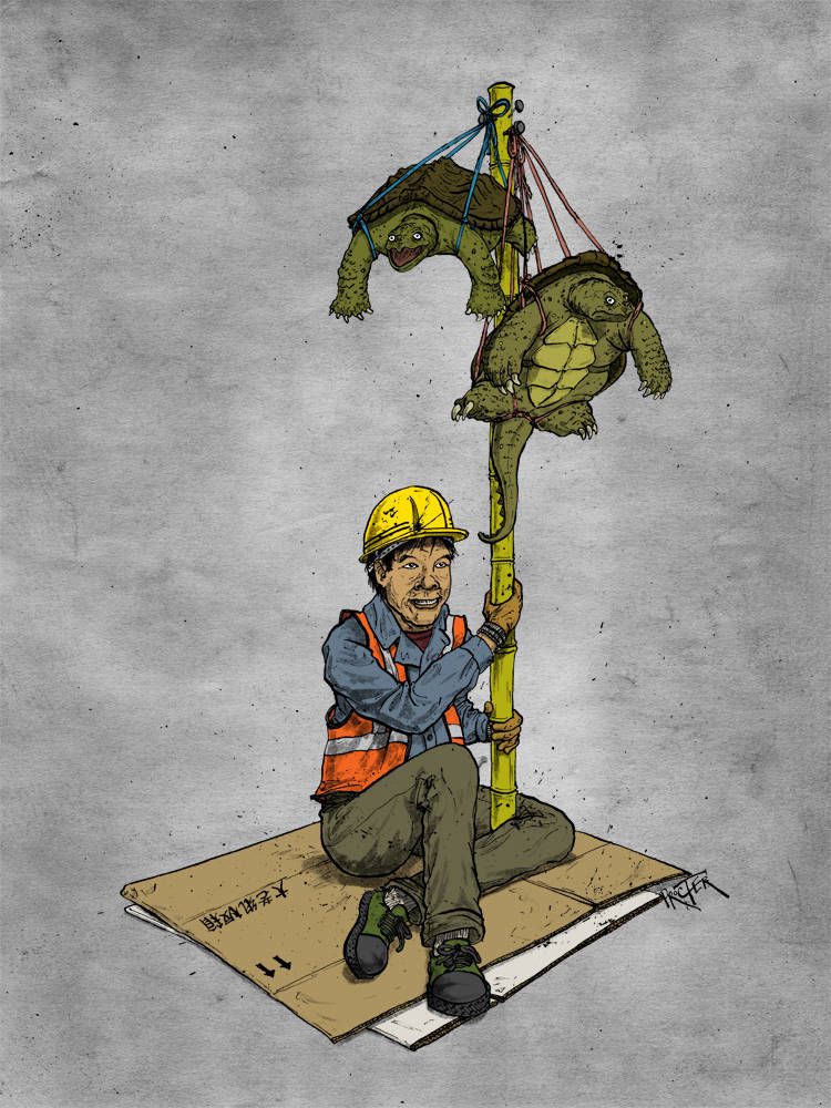 A migrant construction worker in China holding snapping turtles for sale on a stick