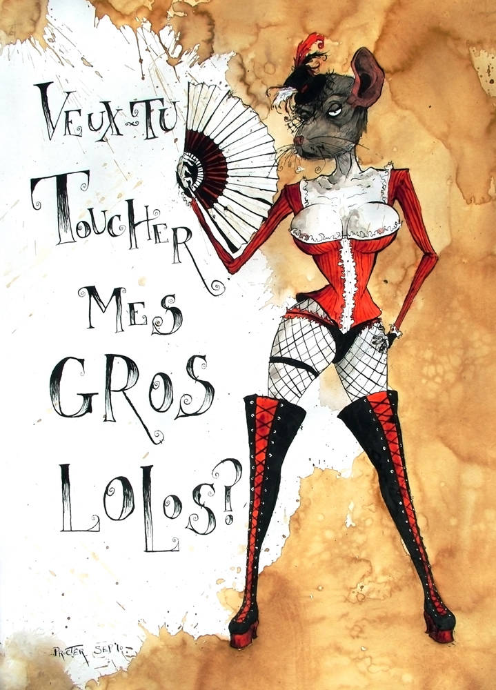 French Burlesque dancer a la Moulin Rouge with rats head
