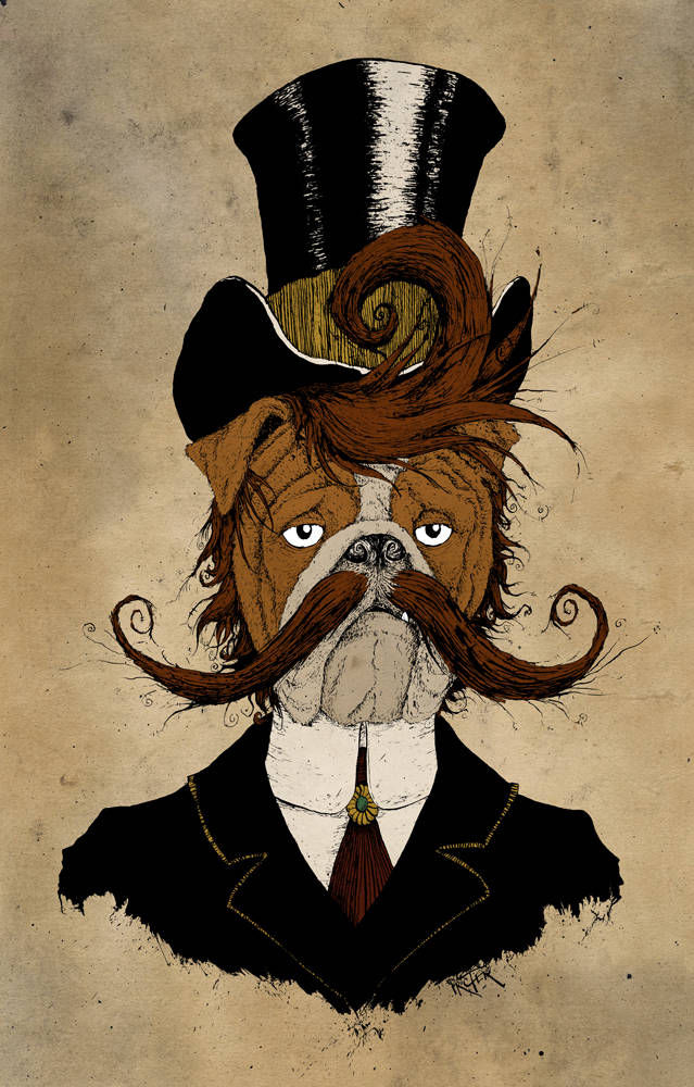 English Bulldog dressed in Victorian style with curly handlebar mustache and top hat
