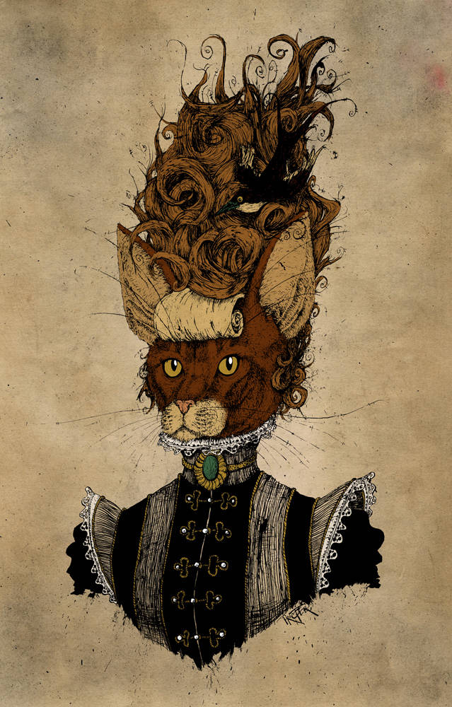 Cat dressed in eleganct victorian dress with beehive hair and a bird