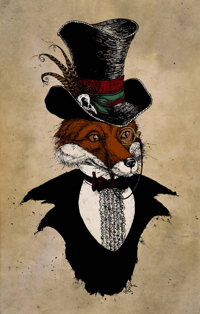 Dandy Fox dressed in victorian garb with pluck in his top hat