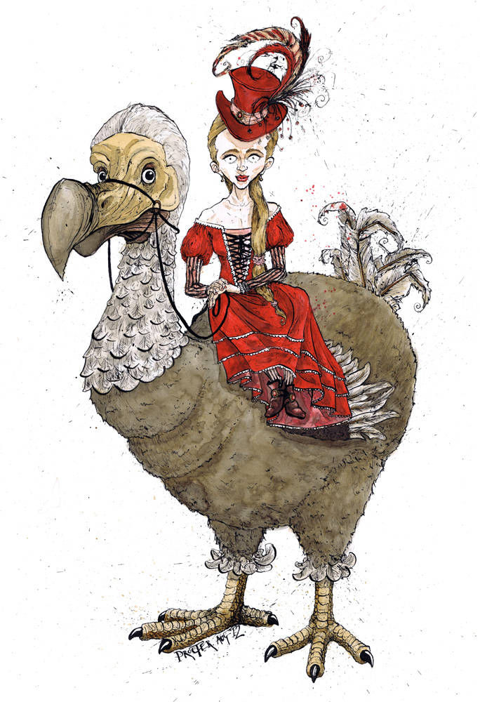 Victorian girl riding side saddle on a dodo